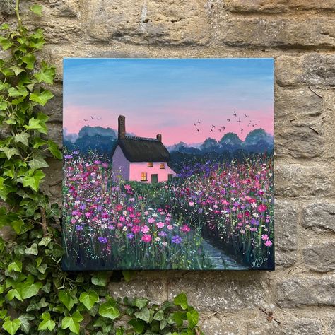 Beautiful summer vibes with The Pink House at sunset, oozing with warmth and summer loveliness. It is part of a series of seasonal pictures, which I have painted in my slightly impressionistic style, full of splatters to give it that little bit of sparkle.  It is painted on a 40 x 40 cms deep edge canvas, and painted in professional quality acryic paint. The painting wraps around the sides of the canvas so there is no need to frame it. It comes with mounted brackets so that it is ready to hang o