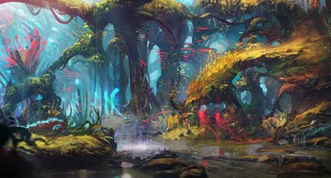 drawing digital art forest lake trees fantasy art exphrasis wallpaper and background Concept Art World, Fantasy Forest, Forest Painting, Art Et Illustration, Fantasy Art Landscapes, 판타지 아트, Environment Concept Art, Landscape Wallpaper, Environmental Art