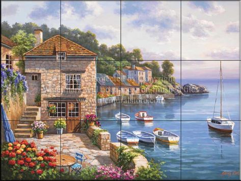 Decorative tile with waterviews-Harbor Garden-Tile Mural Mural Outdoor, Tuscan Tile, Ocean Mural, Backsplash Mural, Shower Backsplash, Hallstatt Austria, Mediterranean Tile, Garden Tiles, Number Art