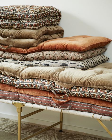 Beautiful new prints from Madam Stoltz and their Autumn collection - soft velvets and rich tones to help warm and cosy up your living space 🧡🧡 - - - #rhool #madamstoltz #mattress #benchcushion #velvet #warmtones #richtones #interiordesign #interiorstyling #layering #hyggehome #shopindependent #shopsmall #kingsbridge #devon #devoninteriors #countryliving #countryhouse #bohemiandecor #countrysidebohemian Simple Headboard, Cushions And Throws, Outdoor Mattress, Cotton Mattress, Retro Sofa, Childrens Rugs, Outdoor Storage Boxes, Indian Block Print, The Terrace