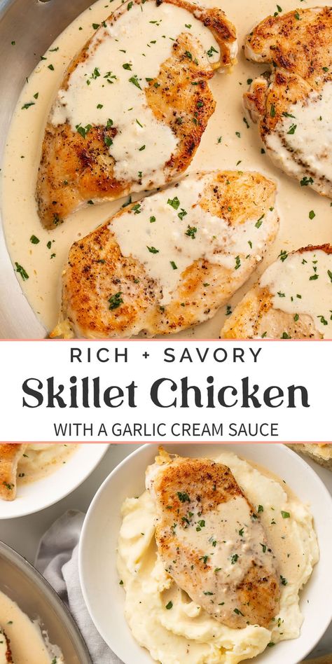 Chicken Potatoes Heavy Cream, Chicken In Heavy Cream Sauce, Healthy Chicken With Sauce, Minute Chicken Recipes, Mashed Cauliflower Dinner Ideas, Dinners W Chicken, Chicken Cutlets And Mashed Potatoes, Easy Dinner For Two Chicken, Creamy Chicken Mashed Potatoes