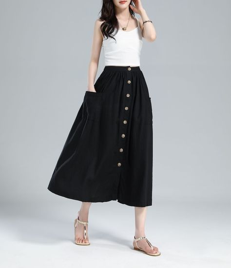 Linen Midi button-down A-line Black skirt with pockets Midi Skirt Outfit Casual, Linen Skirt Outfit, Black Midi Skirt Outfit, Skirt Outfit Casual, Button Midi Skirt, Linen Midi Skirt, Midi Skirt Outfit, Button Front Skirt, Skirt With Buttons