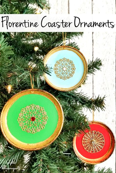 Florentine coasters are gorgeous and can become exotic Christmas ornaments for your tree. Plus, they won't break if they fall and will store easily because they're flat! #christmasornament #diyornaments #florentine #xmastreedecorations #xmasornaments #ornaments #christmascraftsdiy #christmascraftideas #ornamentcrafts #coasters #upcycledcrafts #repurposedwoodprojects #holidaycrafts #diychristmas #christmastreeornaments Mason Jar Christmas Decorations, Snow Ornaments, Diy Christmas Ornament, Clear Ornaments, Christmas Craft Projects, Christmas Craft Supplies, Christmas Mason Jars, Christmas Jars, Xmas Ornaments