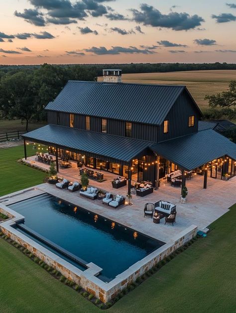 Barndominium 2 Story, Farm Pool House, Barndominium Pool, Farmhouse Barndominium Exterior, Barndominium With Pool, Modern Farmhouse Pool, Tiny Barn House, Farmhouse Pool Ideas, Barnodium Homes