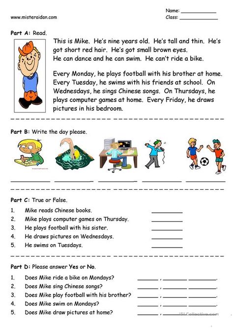 Days of the Week - easy reading comprehension - English ESL Worksheets for distance learning and physical classrooms Esl Reading Comprehension, Present Simple Tense, 2nd Grade Reading Comprehension, Spanish Reading Comprehension, Reading Comprehension For Kids, Esl Reading, Spanish Reading, 2nd Grade Reading, Reading Comprehension Activities