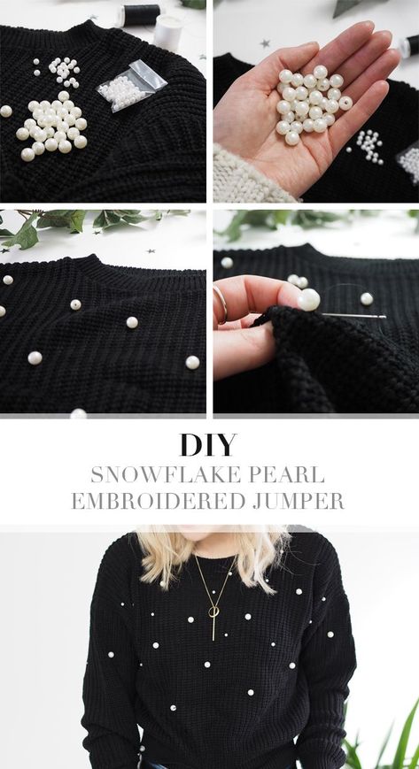 DIY Embellished Pearl Jumper | DIY Christmas Jumper Hack | Embellished Sweater Diy, Clothes Tiktok, Renda Kebaya, Snowflake Diy, Diy Snowflake, Pull Mohair, Diy Clothes Refashion, Hello December, Diy Vetement