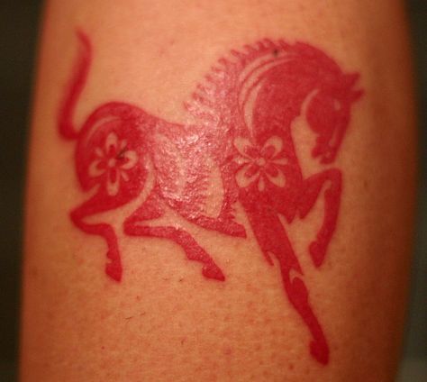 Red ink horse tattoo Year Of The Horse Tattoo, Horse Symbol Tattoo, Pony Tattoo, Equine Tattoos Simple, Horse Outline Tattoo, Equestrian Tattoo, Equine Tattoo, Wheat Tattoo, F Tattoo