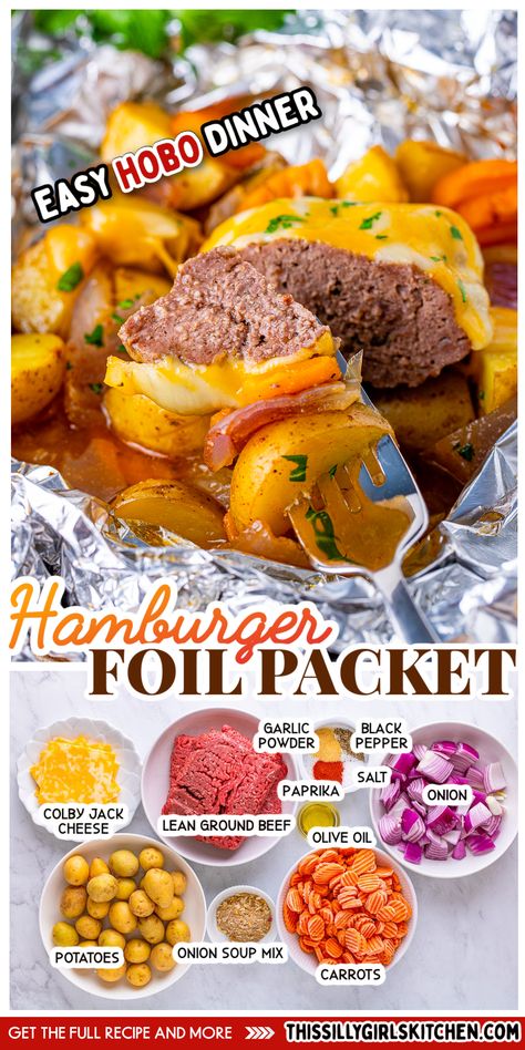 hamburger foil packet Dinner Foil Packets, Hobo Dinner Recipes, Hamburger Dinner, Hobo Dinner, Camp Recipes, Foil Packet Dinners, Foil Pack Meals, Meat And Potatoes, Foil Dinners