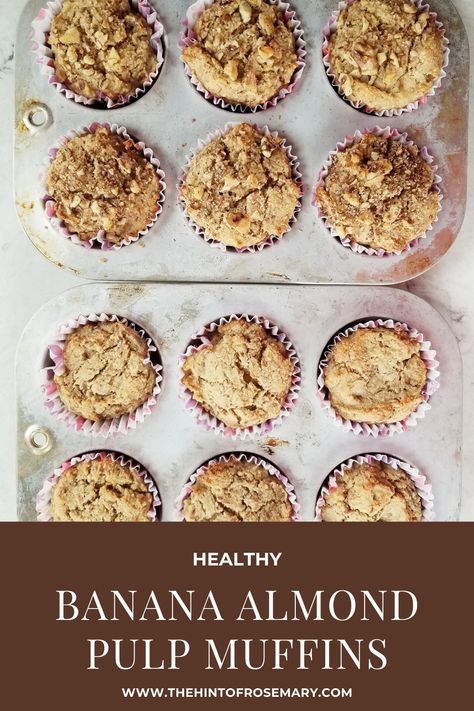 If you make almond milk at home these muffins are for you! Ingredients: 3/4 cup all-purpose flour 1 tsp ground cinnamon 1/4 tsp ground nutmeg 1/2 tsp sea salt 1/2 tsp baking powder 1/2 tsp baking soda 2 very ripe bananas 1 lg egg 1 cup almond pulp 1/4 cup maple syrup 1 tsp vanilla extract 1/2 cup chopped walnuts #almondpulp #almondpulprecipe #bananamuffins #muffinrecipe #healthyrecipe Pulp Muffins, Almond Pulp Recipes, Pulp Recipes, Baking Soda Health, Baking Soda On Carpet, Pulp Recipe, Rosemary Recipes, Almond Milk Recipes, Creamer Recipe