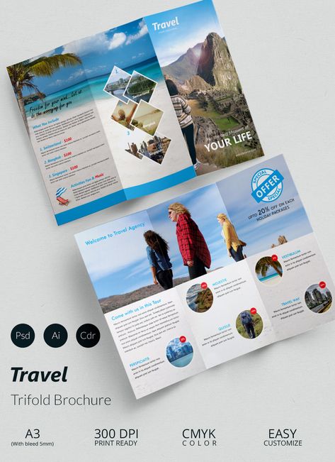 Travel A3 Trifold Brochure Template Tourism Brochure Design, Travel Brochure Design, Brochure Examples, Brochure Design Creative, Trifold Brochure Design, Travel Brochure Template, Brochure Ideas, Free Brochure Template, Brochure Template Psd