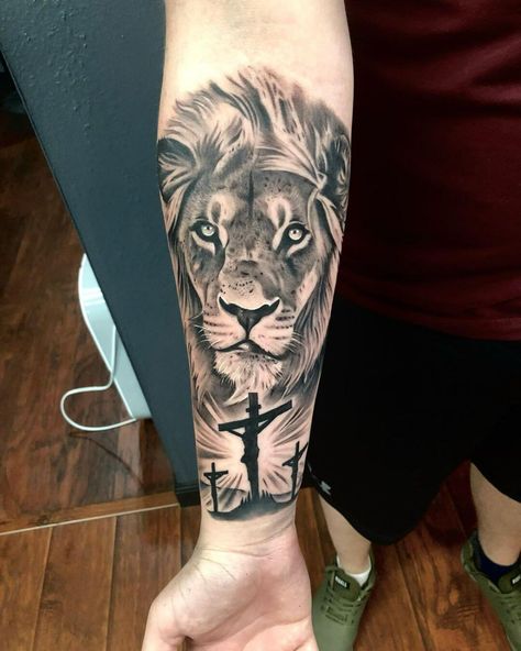 Lion With 3 Crosses Tattoo, Lion And God Tattoo Design, Lion Cross Clock Tattoo, Cross With Lion Tattoo, Lion With Crown Of Thorns Tattoo, God Lion Tattoo, Lion Tattoo With Cross, Lion Christian Tattoo, Lion Cross Tattoo Design