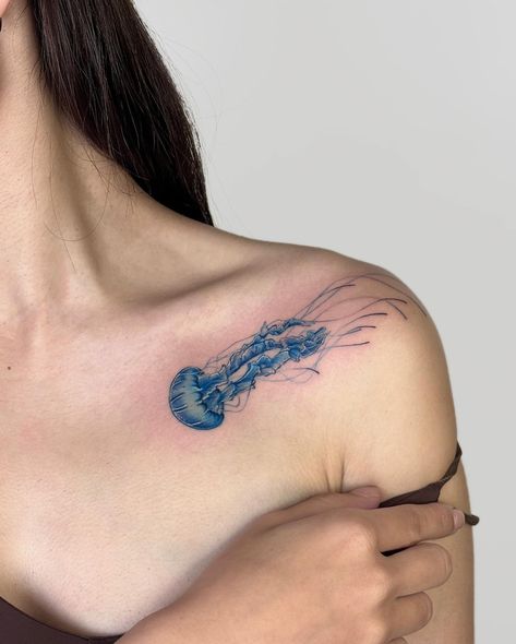 Blue blue💙jellyfish ~ 💡Custom design 💙Thanks Krystal 🫶🏻 . . . . . . . #hktattoo #hktattooartist #flashtattoo #tattoohk #hongkongtattoo #hktattooflash #blackworktattoo #jellyfishtattoo #shouldertattoo #香港紋身 Blue Whale Shark Tattoo, Blue Jellyfish Tattoo, Poem Tattoo, Blue Tattoos, Whale Shark Tattoo, Lil Tattoos, Bubble Tattoo, Tattoo Jellyfish, Blue Ink Tattoos