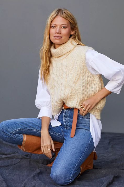 Sweater Vest Outfit Women, Vest Outfit Women, Styling Turtlenecks, Turtleneck Sweater Vest, Knit Vest Outfit, Vest Outfits For Women, Sweater Vest Outfit, Cable Knit Turtleneck, Sleeveless Turtleneck Sweaters