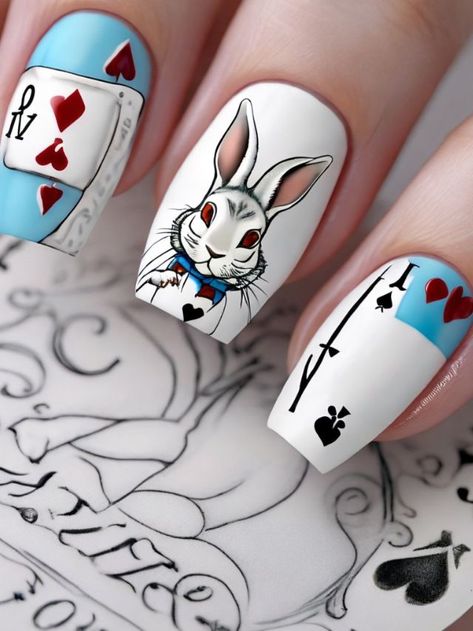 Mad Hatter Nail Designs, Alice In Wonderland Nail Art, Wonderland Nail Art, Alice In Wonderland Scenes, Alice In Wonderland Nails, Down The Rabbit Hole, The Rabbit Hole, Disney Nails, Rabbit Hole