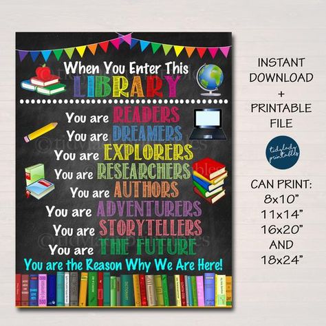 School Library Classroom Printable Poster, Librarian Decor, Technology Teacher, Media Room, In This Classroom Rules Sign, INSTANT DOWNLOAD Classroom Rules Sign, Creative Library, Library Poster, Library Rules, Library Classroom, Technology Teacher, Printable Classroom Posters, School Library Displays, Library Posters