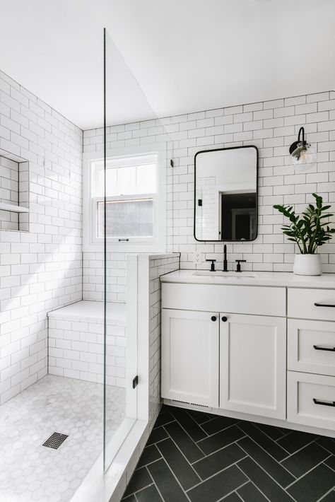 Master Bathrooms With Black Fixtures, Modern Farmhouse Master Bath Black And White, Bathroom Tile White Vanity, Modern Bathroom Design With Black Fixtures, Small Bathroom Black Hardware, Modern Bathroom Design Farmhouse, Black And White Bathroom Modern Farmhouse, Modern Farmhouse Master Bathrooms 2022, All White And Black Bathroom