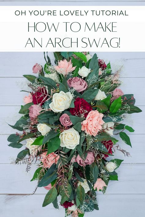 Diy Floral Spray For Arch, How To Make Flower Swag For Arch, How To Wedding Arch Flowers, How To Make A Corner Floral Swag, How To Make Flower Arrangements For Arch, Hanging Floral Arrangements Diy, Diy Flower Swag Wedding, How To Make Floral Arch Arrangement, Floral Wall For Wedding