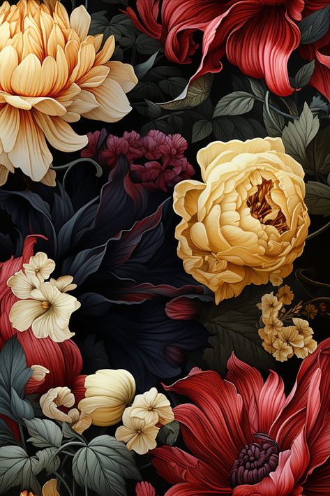 Embrace the allure of beautiful dark florals, where delicate blooms blossom in mysterious beauty amidst an inky backdrop. A captivating touch of intrigue for fashion and decor. Victorian Gothic Wallpaper, Dramatic Wallpaper, Wallpaper Moody, Victorian Gothic Aesthetic, Flor Tattoo, Gothic Pattern, Modern Gothic, Gothic Glam, Gothic Wallpaper