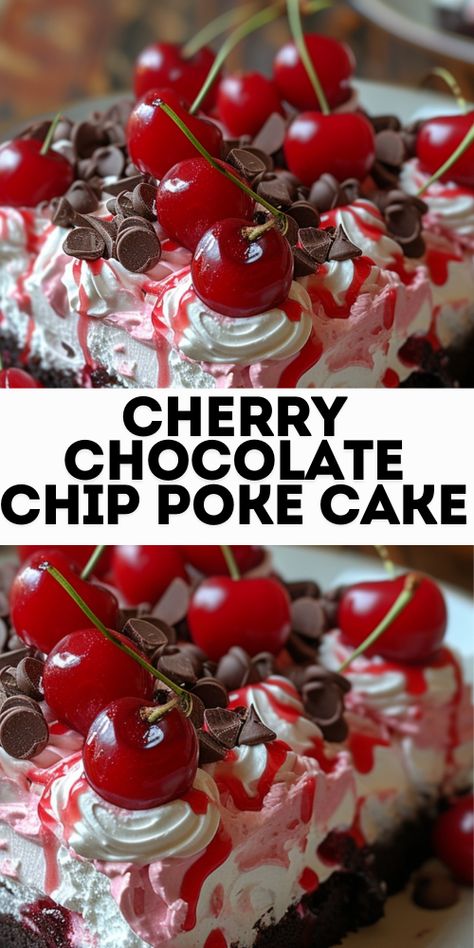 Cherry Chocolate Chip Poke Cake Dessert Recipes With Cherries, Cherry Chocolate Chip Poke Cake, Cherry Coke Poke Cake, Cherry Garcia Cake, Cherry Poke Cake Recipes, Cherry Recipes Easy, Fresh Cherry Cobbler Recipe, Cherry Torte, Almond Loaf Cake