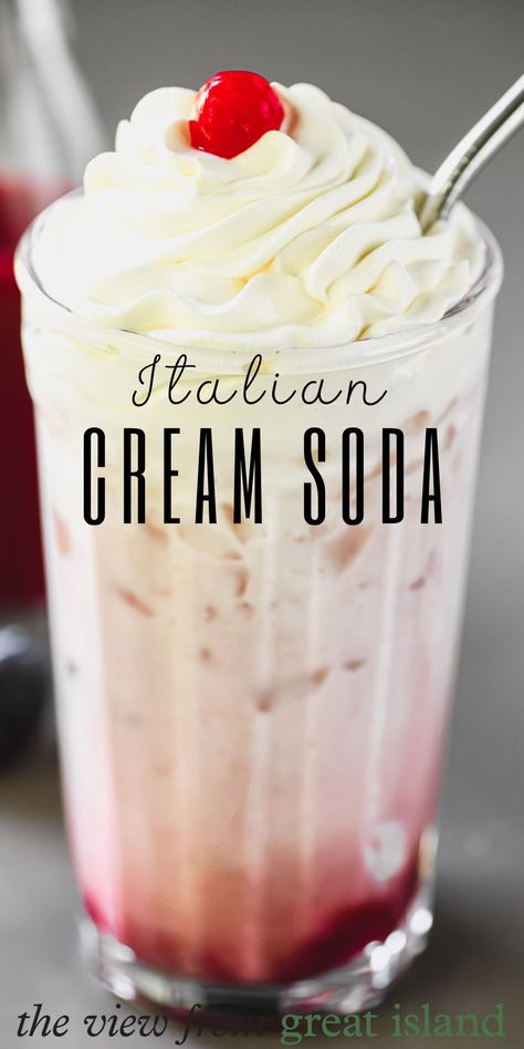 Italian Cream Soda • with real fruit syrup! Italian Cream Soda Bar, Italian Subs, Soda Crush, Italian Cream Soda, Ice Cream Soda, Plum Crumble, Island Recipes, Fruit Syrup, Progressive Dinner