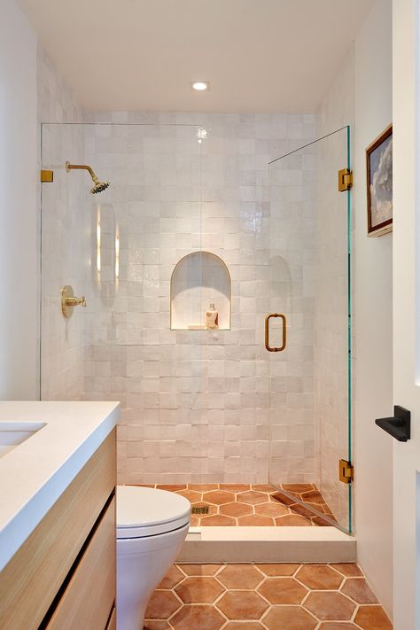 Spanish Walk In Shower Ideas, Small Shower Renovation Ideas, Terracotta Tile Shower Ideas, Long Narrow Guest Bathroom, Small Herringbone Shower Tile, Stoffer Design Bathroom, Guest Bath With Shower Only, Terracotta Master Bath, Bathroom With Spanish Tile