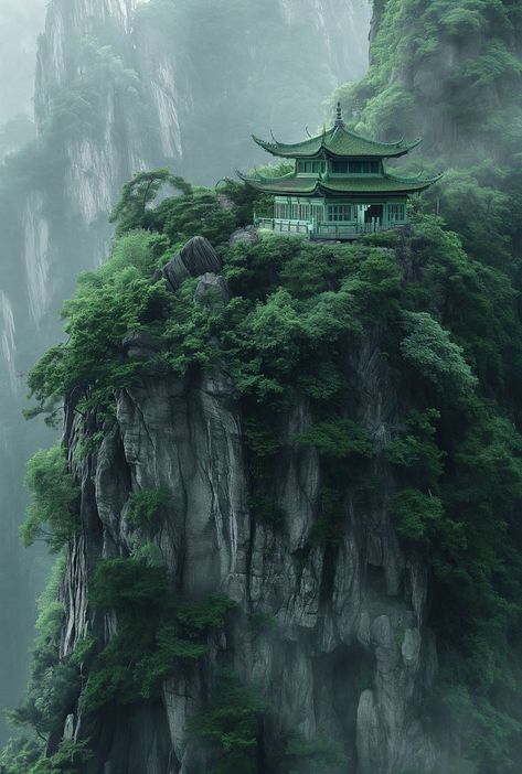 Secluded and mystical, this temple carved into a verdant mountainside evokes wonder, its ancient walls a silent guardian of the forest's deep and untold stories. Hidden Temple, Lush Forest, Waterfall Photography, Japan Aesthetic, Fantasy Images, Chinese Architecture, Backyard Garden Design, Matte Painting, Fantasy Art Landscapes