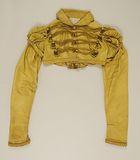 Gold/yellow silk Jacket (Spencer) ca. 1815 - British - in the Metropolitan Museum of Art costume collections. Art Jacket, Spencer Jacket, Regency Gown, Regency Era Fashion, Regency Dress, Regency Fashion, 19th Century Fashion, Period Outfit, Century Clothing