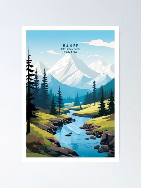 "Banff National Park Rocky Mountain Splendor Travel Illustration" Poster for Sale by NeuralVibe | Redbubble Promotion Poster, Poster Illustration, Travel Illustration, Halloween Decorations Indoor, Illustration Poster, Landscape Drawings, Banff National Park, Nature Themed, Rocky Mountain