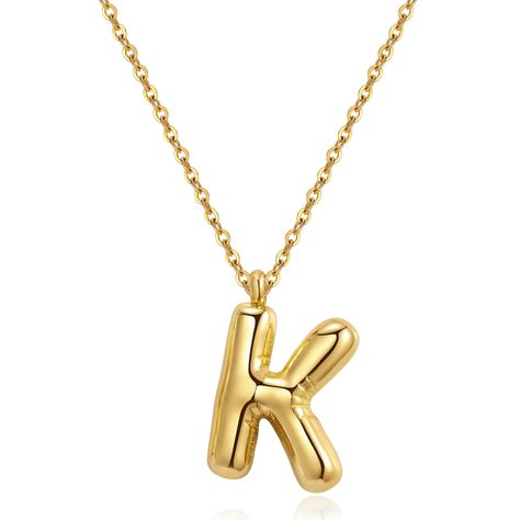 PRICES MAY VARY. 💝 Personalized Bubble Letter - Our initial necklaces for women is a masterpiece of design, seamlessly blending the chic allure of a dainty gold necklace. Embrace the trend with the bubble letter necklace, creating a dainty yet powerful symbol of love and individuality. 💝 Non Tarnish & Hypoallergenic - Meticulously crafted from stainless steel and adorned with 18k gold plating, our non tarnish gold necklace ensures lightweight wear, making it perfect for daily elegance. Enjoy h Initial Necklace K, Gold K Necklace, Necklace With Letter, K Necklace, Bday Gifts, Gold Bubbles, Bubble Letter, Initial Necklaces, S Necklace