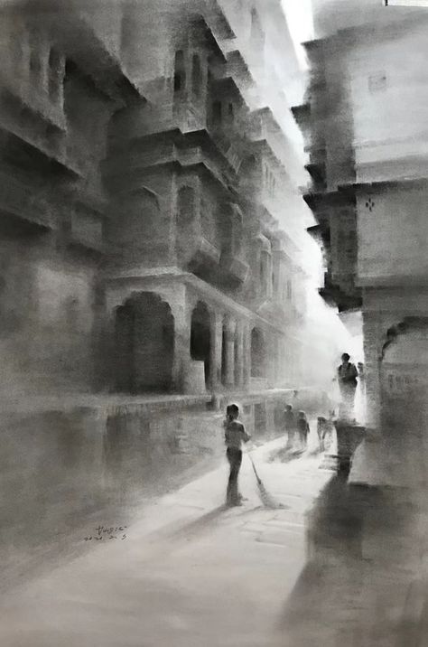 Charcoal Landscape Drawing, Charcoal Architecture Drawing, Charcoal Sketch Landscape, Charcoal Artwork Landscape, Charcoal Sketches, Charcoal Scenery, Charcoal Cityscape, Messy Charcoal Sketches, Charcoal Artwork