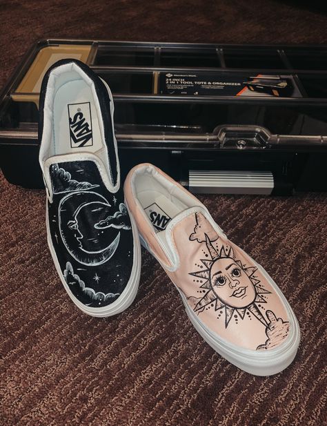 sun face moon face black pink white cloud vans painted summer craft paint visco Vans Diy Painted, Painting White Vans, White Vans Painted Shoes Ideas, Painted White Vans, Painted Vans Ideas, Painting Vans, Shoe Painting Ideas Vans, Painted Vans Slip On, Vans Painted Shoes Ideas