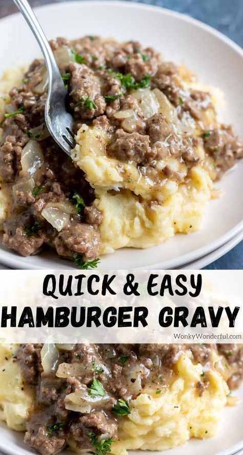 This Easy Hamburger Gravy Recipe is a quick, inexpensive  dinner idea that is perfect for chilly winter nights. Gravy made with ground beef tastes great over mashed potatoes, rice or pasta. #hamburgerrecipes #dinnerrecipes #easydinnerrecipes #dinnerideas #gravyrecipes #beefrecipes Easy Hamburger Gravy, Hamburger Gravy Recipe, Hamburger Dinner Ideas, Hamburger Gravy, Over Mashed Potatoes, Inexpensive Dinners, Easy Hamburger, Ground Beef Recipes Healthy, Keto Beef Recipes