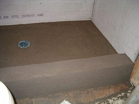 ... Concrete Shower Pan, Building A Shower Pan, Shower Pan Liner, Concrete Shower, Tub To Shower Remodel, Shower Remodel Diy, Small Shower Remodel, Bed Liner, Diy Shower