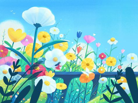 come with me by 比格招HUHV on Dribbble Summer Flower Illustration, Flower Illustration Art, Sky Illustration, Flower Book Illustration, Flower Garden Illustration, Field Flowers Illustration, Field Of Flowers Illustration, Flower Field Cartoon, Flowers Illustration