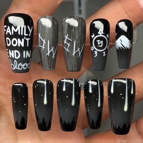 I’ll be the happiest girl alive so long as I can keep doing @cw_supernatural nails 😂😭 so in love with these. Opted for a grayscale theme for the whole set and with one hand just being the fallen angel scene 🤍 help me tag the cast in the comments?! @jaredpadalecki @jensenackles @genpadalecki @realmarksheppard @misha @danneelackles512 #supernaturalnails #supernatural #spnfamily #nailart #pressons #pressonnails #spnnails #spnfandom Supernatural Nails, The Fallen Angel, So In Love, Fallen Angel, Jensen Ackles, The Cast, Press On Nails, Help Me, Supernatural