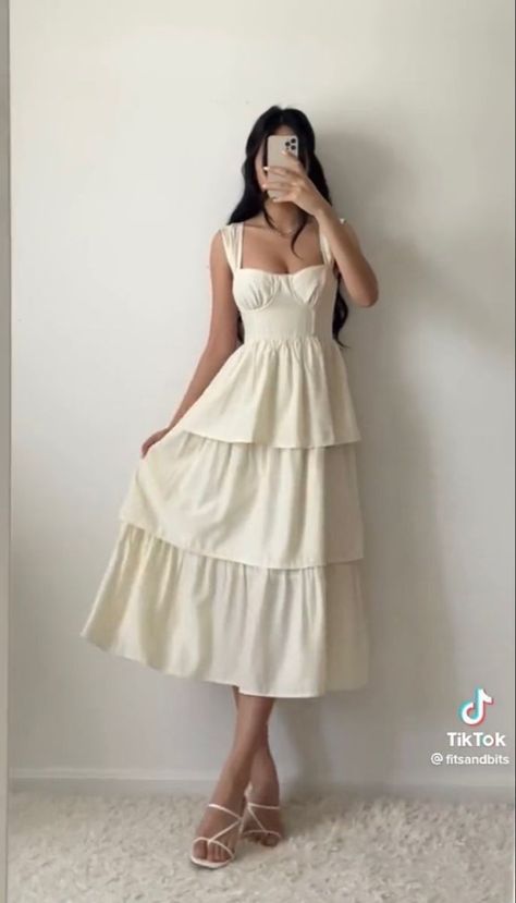 Midi Grad Dress, Waist Cinching Dress, Fitsandbits Dress, Tiered Skirt Dress, Romantic Natural Essence Style, Cute Summer Fashion, Graduation Dress Inspiration, Light Feminine Aesthetic Outfits, Spring Dress Outfits Casual