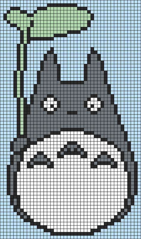 Pixel Art Pattern Totoro, Crochet Grid Patterns Studio Ghibli, Crochet Alpha Pattern Studio Ghibli, Calcifer Alpha Pattern, Totoro Tapestry Crochet, Crochet Graph Patterns Anime, Crochet Tapestry Studio Ghibli, Totoro Alpha Pattern, Studio Ghibli Grid Pattern