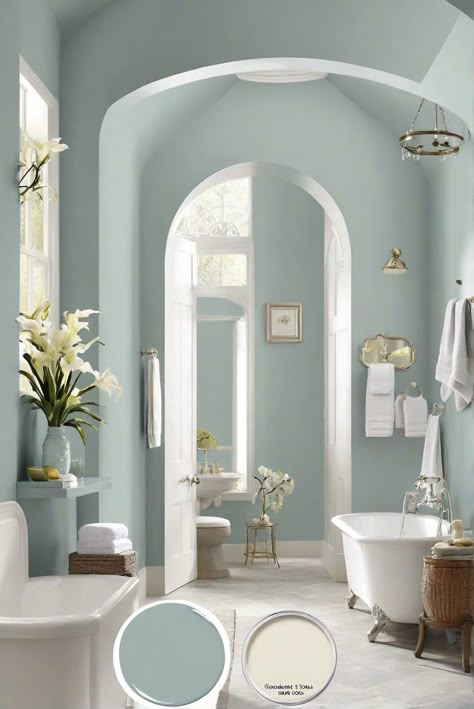 Discover if Raindrop Wall Paint is the perfect choice for your bathroom. Unveil the ultimate guide for 2024 and make the best decision. Raindrop (SW 6485) wall paint is an excellent choice for bathrooms. Its soothing blue-green hue creates a calming and relaxing atmosphere, perfect for a bathroom setting. This color can complement various design […] Soothing Room Colors, Calming House Colors, Duck Egg Blue Bathroom Ideas, Dusty Blue Bathroom Paint, Sea Foam Bathroom Ideas, Soft Bathroom Paint Colors, Bathroom Light Blue Walls, Light Bathroom Colors, Sea Green Paint Colors