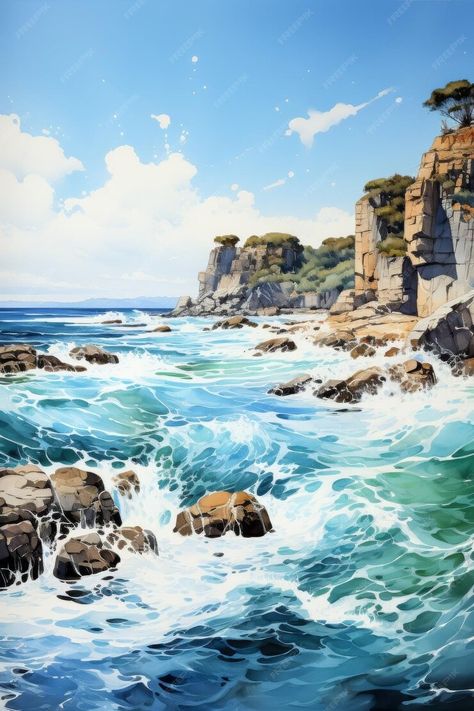 Premium Photo | A Painting of the Ocean With Rocks and Water Generative AI Rocky Beach Painting, Painting Of The Ocean, Impressionist Watercolor, Ocean Landscape Painting, Ocean Art Painting, Ocean Drawing, Reflection Painting, Seaside Art, Ocean Landscape