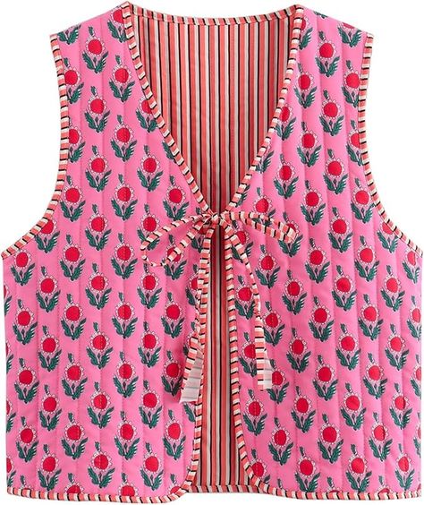 Wyeysyt Women's Cropped Floral Quilted Puffer Vest Printed Lightweight Sleeveless Padded Gilet Outwear(02RoseRed-L) at Amazon Women's Coats Shop Fall Puffer Vest, Cottagecore Clothes, Sleeveless Puffer, Fall Vest, Floral Vests, Hot Pink Flowers, Sleeveless Sweater Vest, Coquette Cottagecore, Quilted Puffer Vest