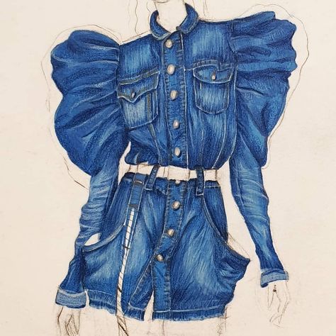 Denim Rendering Illustration, Denim Drawing Fashion Illustrations, Denim Rendering, Denim Sketch, Denim Fashion Illustration, Fabric Rendering, Kemeja Denim, Fashion Illustration Portfolio, How To Render