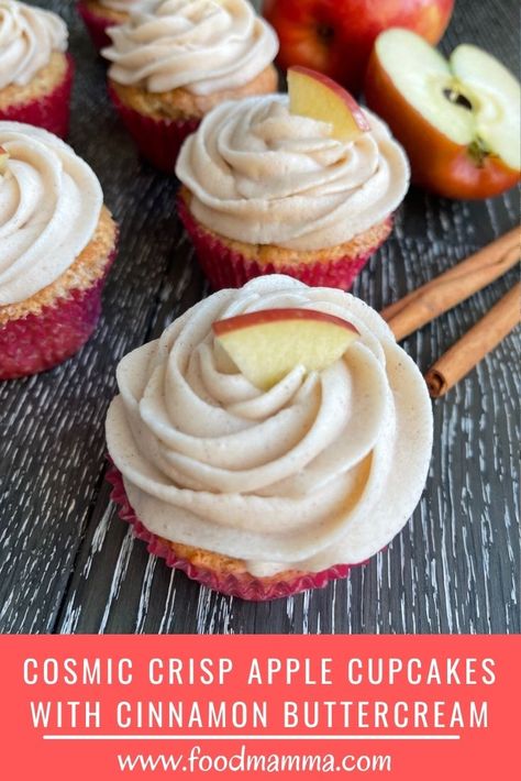 Cosmic Crisp apples are the star in these apple cupcakes topped with a swirl of cinnamon buttercream. Cosmic Apple Recipes, Cosmic Crisp Apple Recipes, Cosmic Crisp Apple, Flavor Cupcakes, Daycare Treats, Apple Dessert Recipes Easy, Best Apple Recipes, Cinnamon Buttercream, Apple Desserts Easy