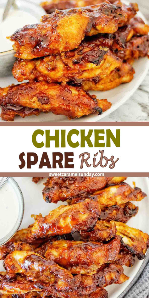 Chicken ribs on white plate with small bowl of sauce. There is text written between 2 images. Chicken Ribs Recipe, Chicken And Ribs, Ribs Recipe Oven, Chicken Ribs, Baked Recipe, Rib Sauce, Seasoned Veggies, Poultry Dishes, Grilled Dinner