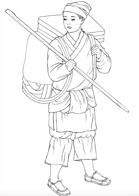 Song Dynasty Commoner  Robe brought upward and tucked in waist for ease of walking, pants shortened, sandals and a hat made from piece of cloth Tapestry Of Grace, Japanese Motifs, Chinese Armor, Chinese Clothes, Chinese Traditional Costume, Kids Printables, Chinese Theatre, Concept Ideas, White Snake