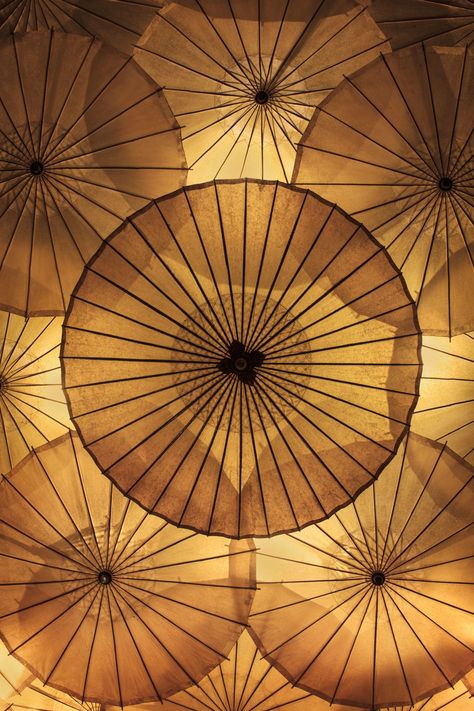 Japanese Influences Make Quincoces-Dragò & Partners’s Milan Presentation Shine at Six Gallery - Architectural Digest Umbrella Ceiling, Japanese Lighting, Japanese Restaurant Interior, Japanese Lamps, Japanese Umbrella, Paper Umbrellas, Japanese Interior Design, Japanese Interior, Japanese Architecture