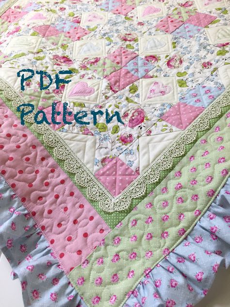 Ruffle Baby Quilt Pattern Lace Quilt pattern baby blanket Ruffle Quilt, Girl Quilts Patterns, Heart Quilt Pattern, Machine Quilting Patterns, Chic Quilts, Baby Quilt Pattern, Crochet Ruffle, Childrens Quilts, Baby Quilt Patterns