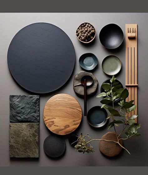 Japandi Mood Board, Moody Japandi, Dark Japandi, Japandi Color Palette, Dark Inspiration, Practical Home Decor, Materials Board Interior Design, Japandi Living Room, Japandi Interiors