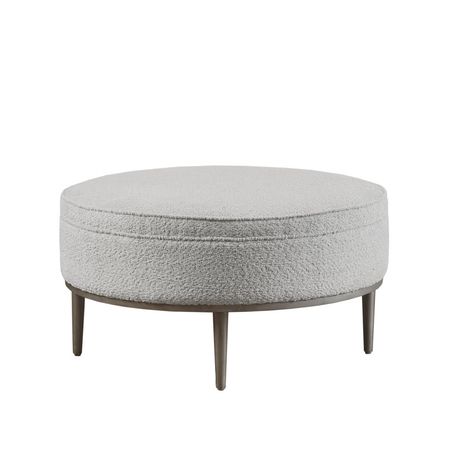 Wade Logan® Asheli Upholstered Round Cocktail Ottoman with Metal Base & Reviews - Wayfair Canada Dark Pewter, Stylish Coffee Table, Cocktail Ottoman, Pewter Metal, Round Ottoman, Ottoman In Living Room, Madison Park, Upholstered Ottoman, Extra Seating