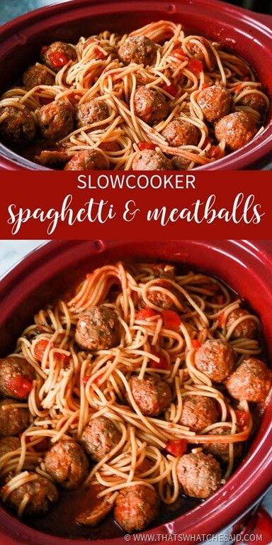 Easy Spaghetti & Meatballs in a Slow Cooker.  A classic was just made friendly for the busy family! Slow Cooker Spaghetti And Meatballs, Slowcooker Pasta, Recipes Meatballs, Spaghetti Meatball Recipes, Crockpot Spaghetti, Slow Cooker Spaghetti, Spaghetti Meatballs, Crock Pot Meatballs, Easy Spaghetti