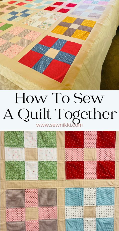 How To Sew Quilt Blocks Together, How To Sew A Quilt Together, How To Piece Together A Quilt, Top Stitching Ideas For Quilts, Beginning Quilting Tutorials, How To Assemble A Quilt, How To Back A Quilt, Quilt Sandwich Tutorial, Making A Quilt For Beginners